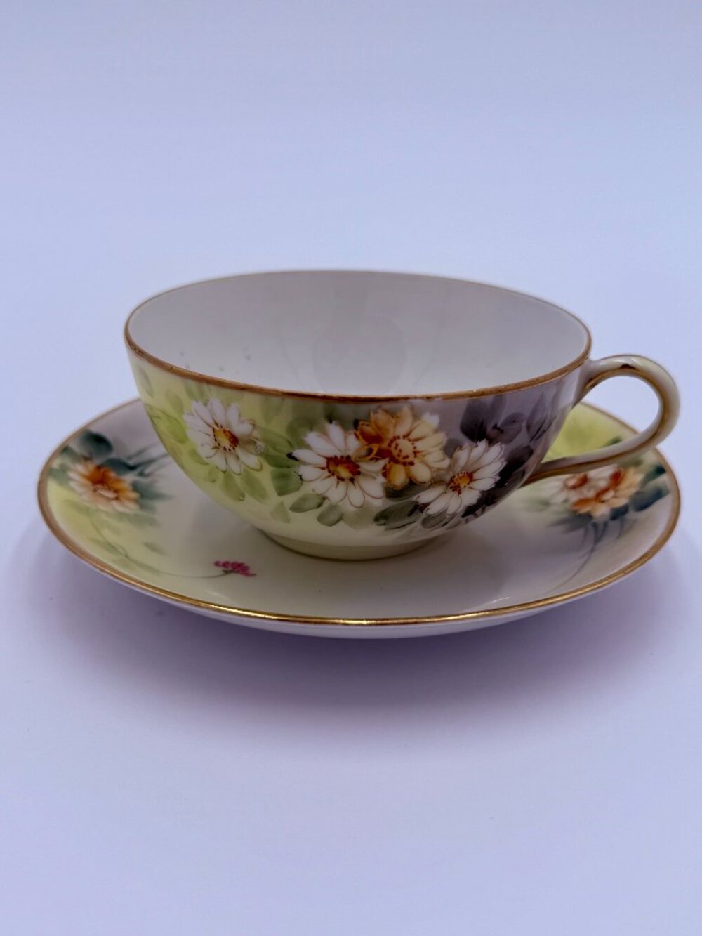 Vintage Hand Painted Nippon Teacup & Saucer Set Floral Daisy Gold Trim Japan